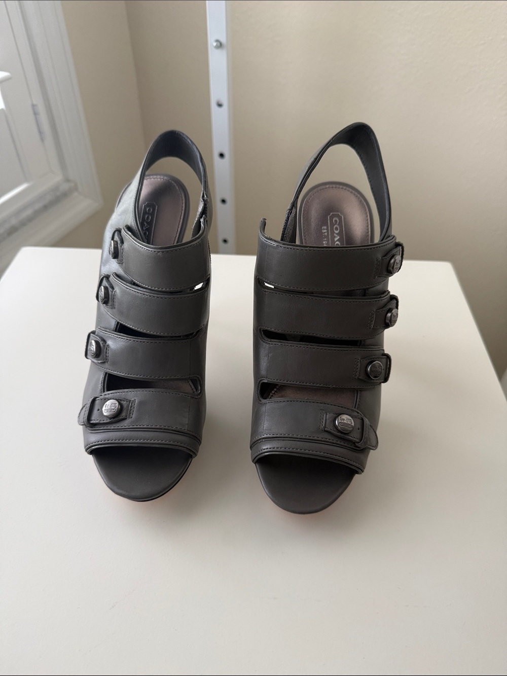 Coach Charcoal Gray Multi-Strap Open-Toe Slingback Heels